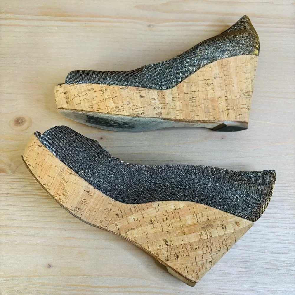 Stuart Weitzman Metallic Brown Wedge Peep-Toe Shoes‎ Size 10 Cork Platform Heels